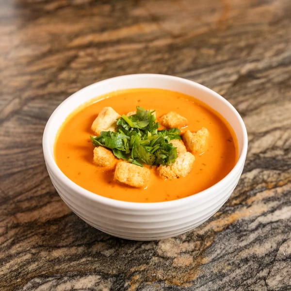 A white bowl of creamy orange soup, topped with croutons and fresh green herbs, on a marble surface.