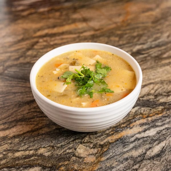 A bowl of creamy chicken soup with vegetables and fresh cilantro on a marbled countertop.